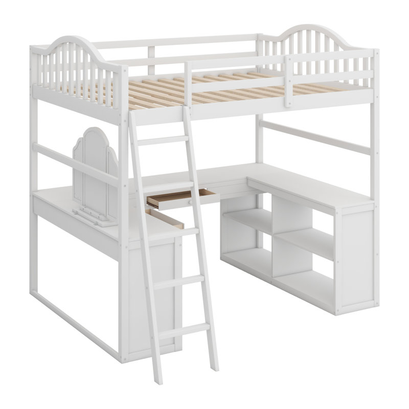 Lit mezzanine en bois avec bureau en U, compartiments de rangement et miroir à trois volets, Blanc