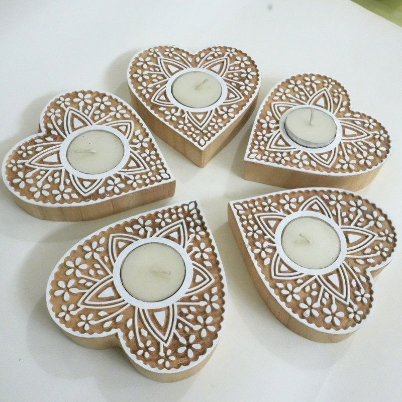  Handmade Block Print Heart Shaped Wooden Tea Light Candle Holder for Home décor, Festive Lighting, and Cozy Table Accents, 7