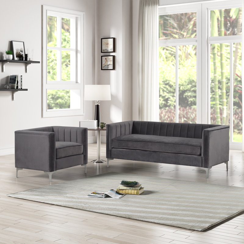 Ensemble de salon en velours Louis, Gris, 1 canapé, 1 fauteuil