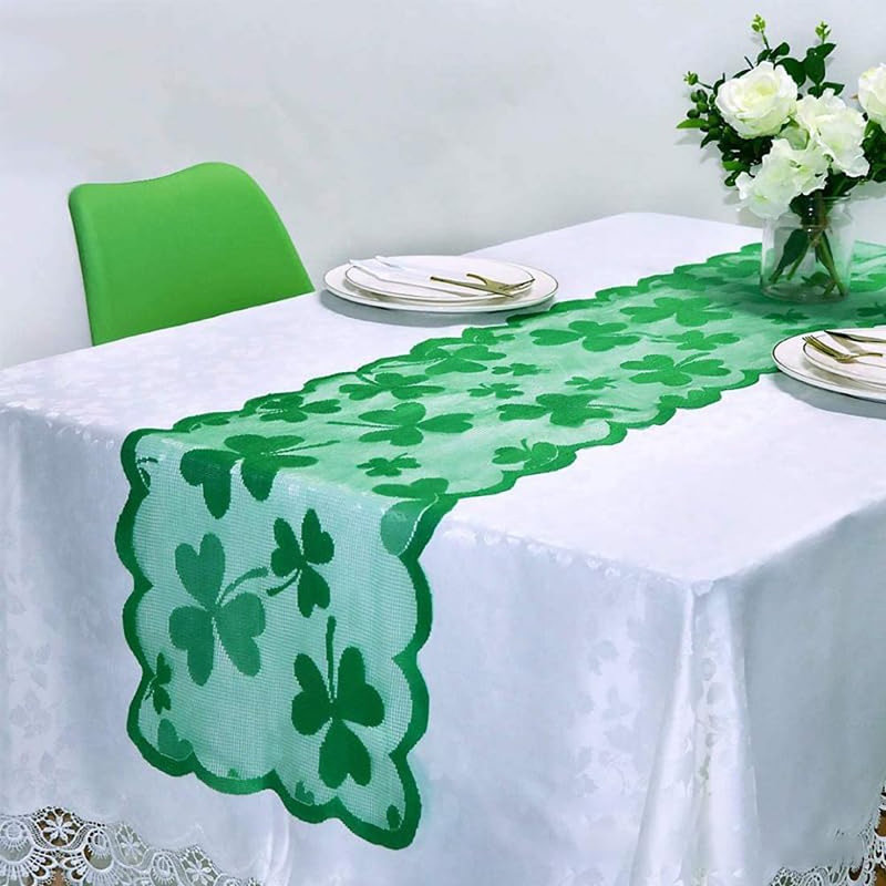 Green Lace Shamrock Clover Table Runner For St. Patrick’S Day, Wedding And Party Decor