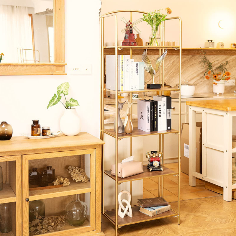 Lejon No Assembly Folding Etagere Bookcase, Gold, (3 Shelves) 39.8" H x 22.4" W x 12.6" D