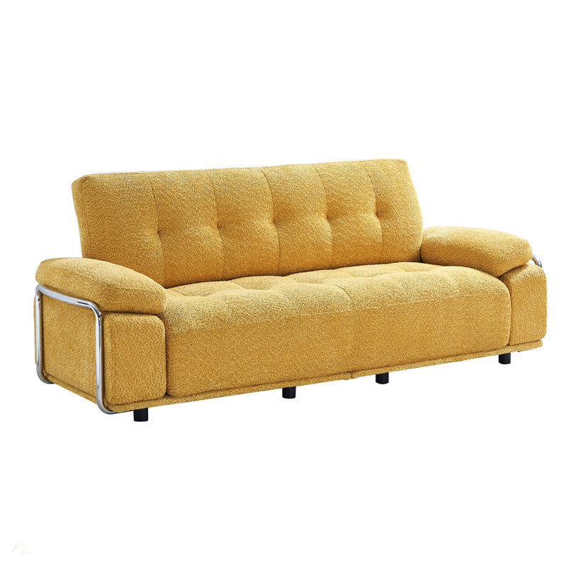 Canapé moderne de 88,98 po de largeur avec coussins de siège et de dossier à compression, structure à accoudoirs en acier, tissu chenille, couleur jaune