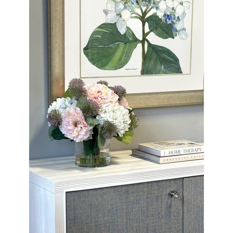 Peonies with Hydrangeas and Thistle in Glass Vase