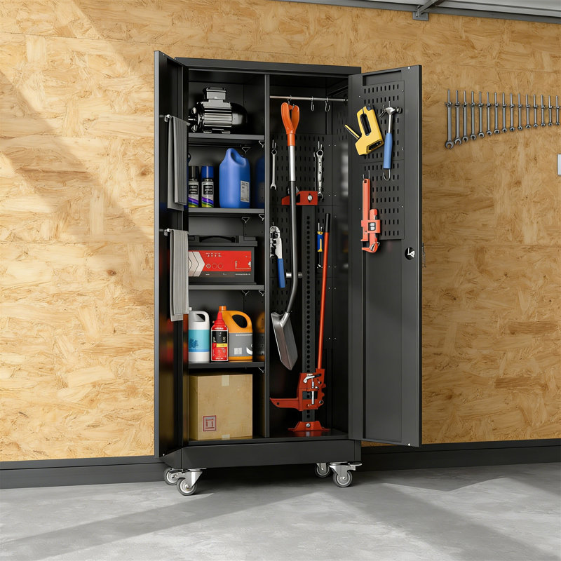 61.6" Metal Rolling Broom Closet W/ Hooks, Rods, Pegboard & Shelf, For Garage, 61.6" H x 27.5" W x 11.7" D, Black