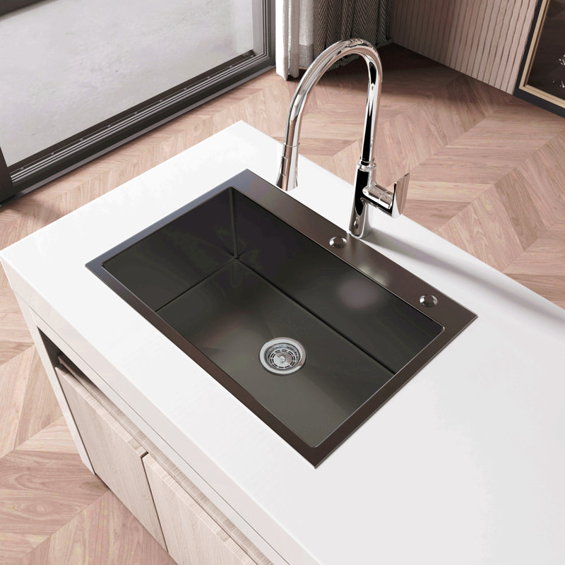 Évier de cuisine en acier inoxydable, lavabo simple sur pied noir de 27 po x 19 po, avec drain standard et crochet standard, Ls-Ssbl01