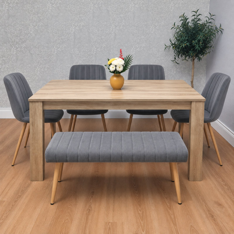 Light Wood-Effect Dining Table Set with Grey Velvet Chairs & Bench, 5