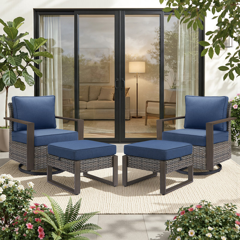 Bothwell 4-Piece Outdoor Conversation Set With Wicker Swivel Rocking Chairs And Ottomans, Gray, Blue