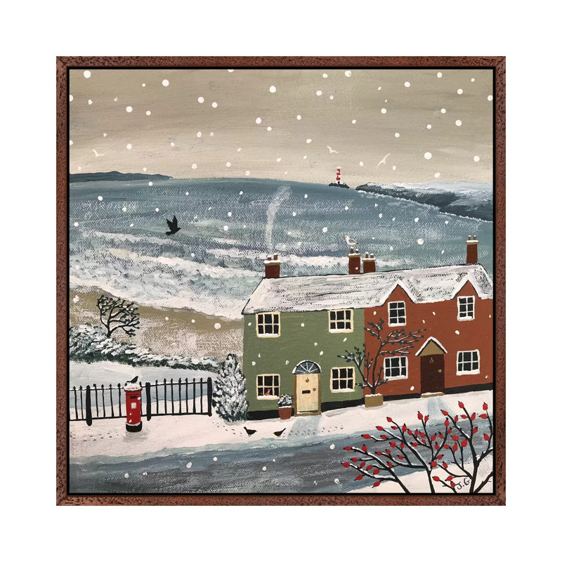 Snowing by the Sea 1 Piece Painting on Canvas, 66.04 cm H x 66.04 cm W, Classic Brown Wood Framed