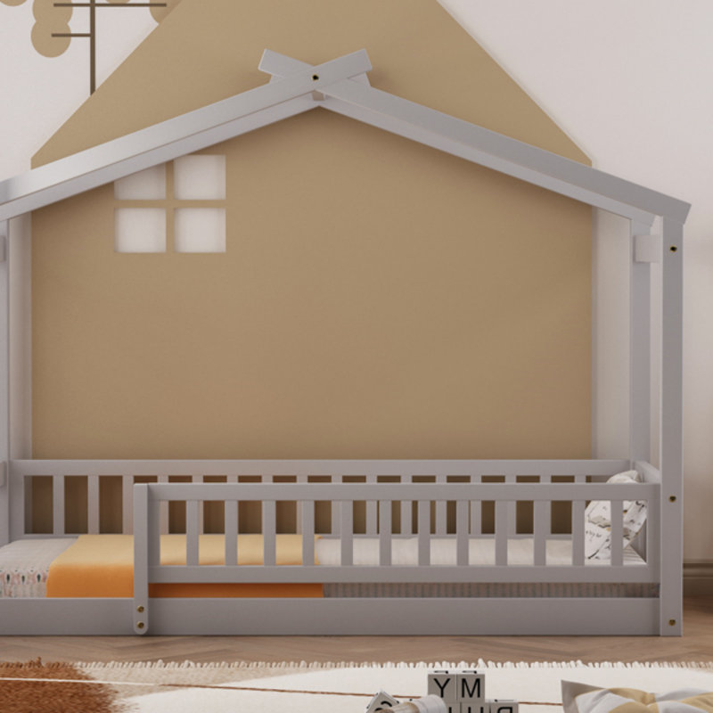 Cadre de lit simple en bois avec clôture et lit, Gris, Lit simple