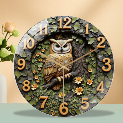 Owl Clock Decor with Floral Design for Home Accent Art - 12'' Modern Glass Wall Clock