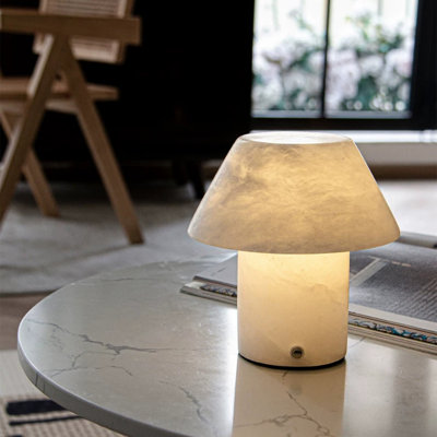 Small White Marble Modern Table Lamp with Marble Shade for Bedroom Living Room, Bulb Included