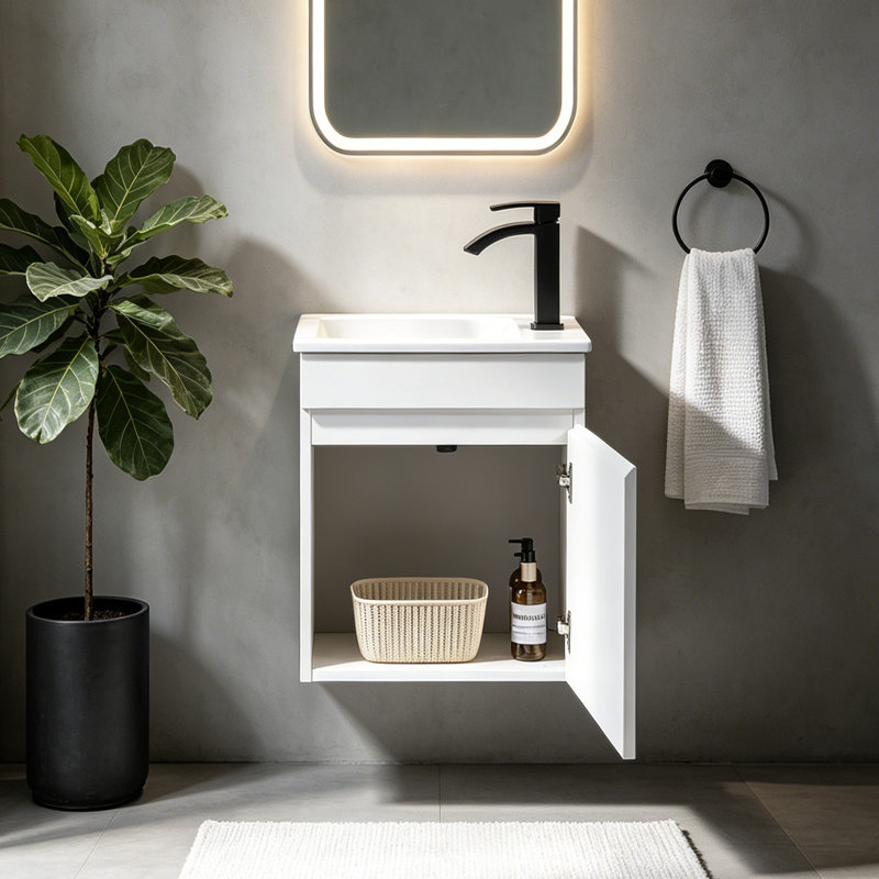17.3" White Floating Bathroom Vanity with Soft-Close Door