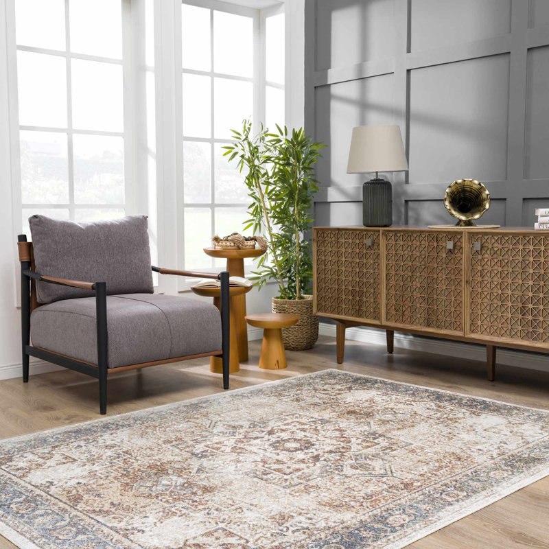 Light Blue and Beige Synthetic Washable Rectangular Area Rug