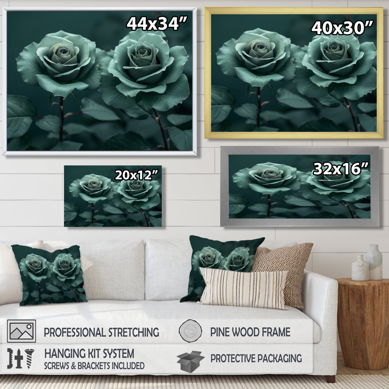 Nirvana vert vert - roses, art mural Roses, H 16 po x l 32 po x P 1 po, Cadre simple noir