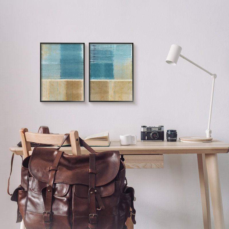 «Brown and Blue Abstraction», impression sur bois 2 pièces, Giclée encadrée noir minuit, H 14 po x l 22 po x P 1,5 po