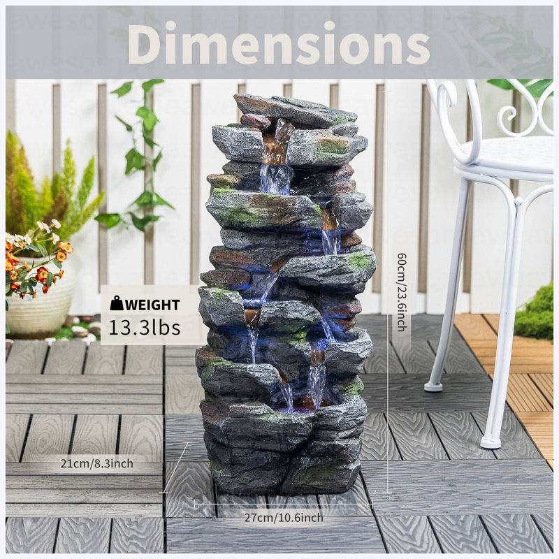 Rock Waterfall Outdoor Fountain With LED Lights Stone Garden Fountains Outdoor Décor For Patio Lawn Backyard Cascading Tiered Outdoor Water Fountain