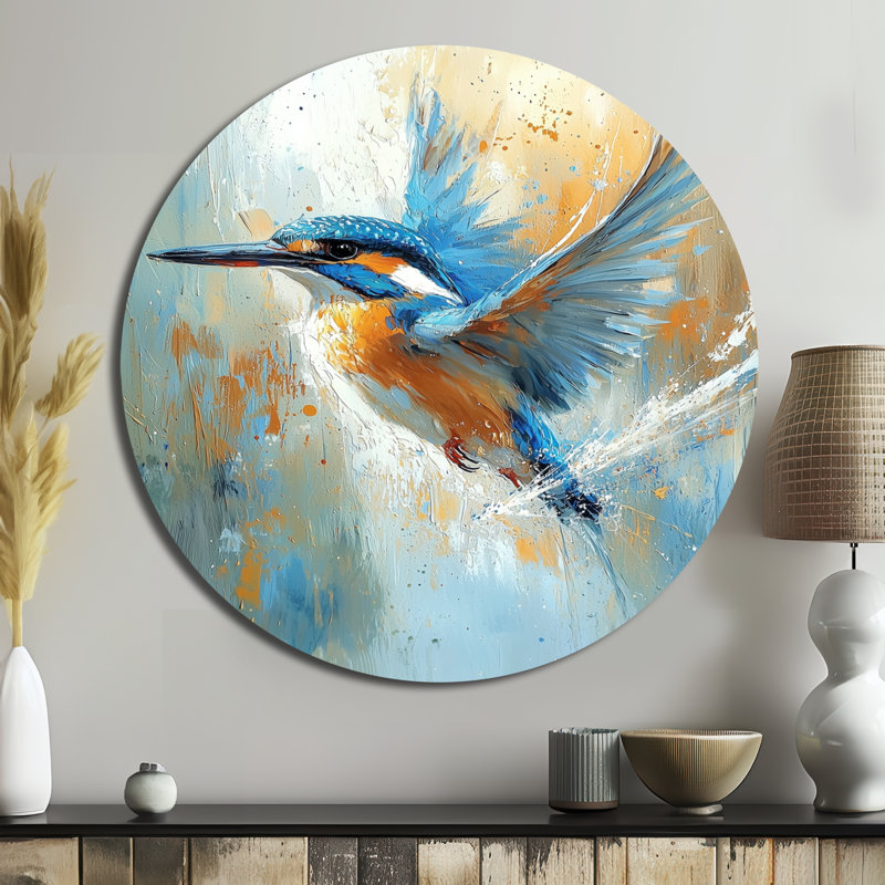 Kaelah - reproduction d'art moderne en métal bleu, oiseau rond, art mural en métal, H 16 po x l 16 po