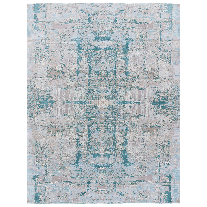 Hand-Knotted Worn Denim Abstract Wool Silk 8' x 10' Rug