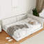 Grand lit plateforme tapissier beige avec construction durable et ports de charge en lin élégants, tissu-121107360-121107362