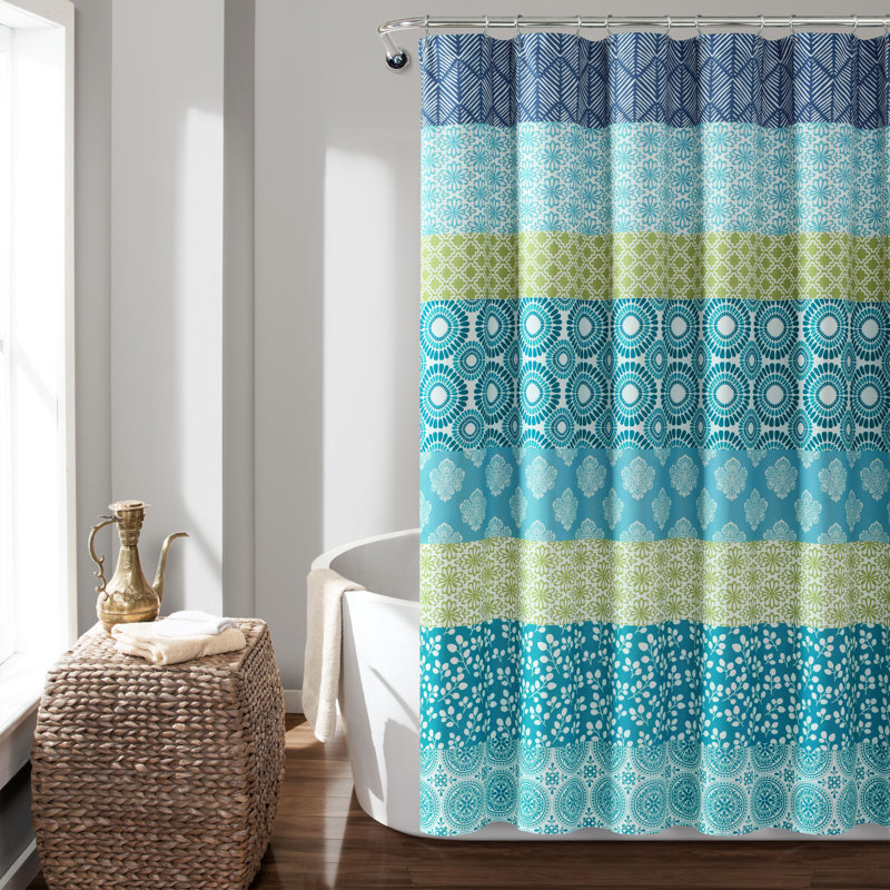 Bohemian Blue and Green Polyester Striped Shower Curtain