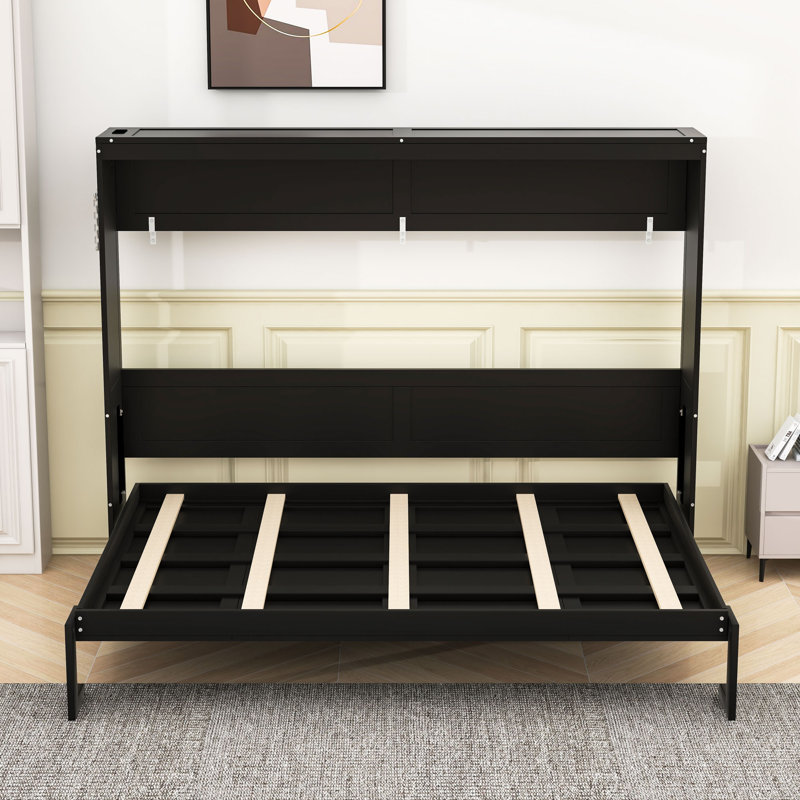Lit escamotable contemporain avec éclairage à DEL et charge USB, Noir, Grand lit
