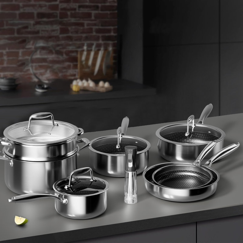 14 Pieces Stainless Steel Cookware Sets Rivetless Cookware with Cool-Grip Handles