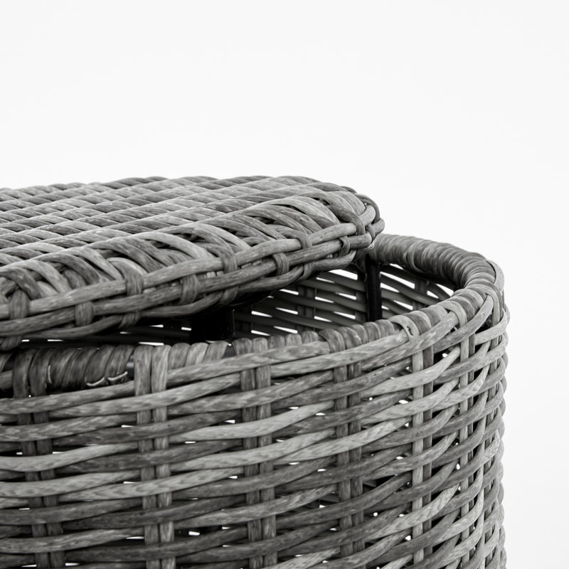 Gray Round Wicker Outdoor Side Table with Storage
