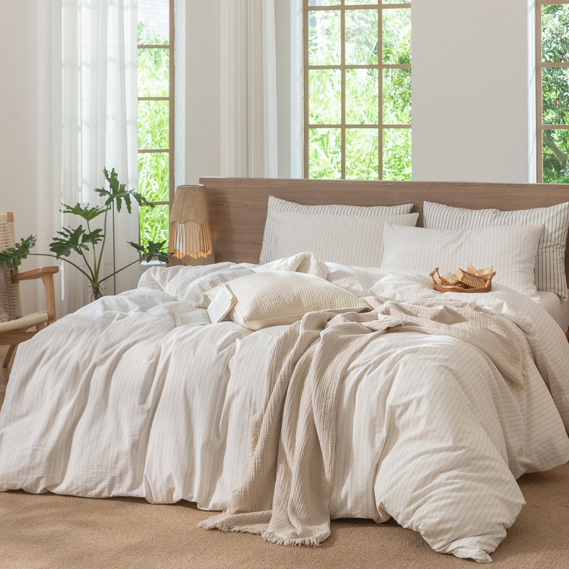 MooMee Striped Duvet Cover Set 100% Washed Cotton Linen Like Textured, Queen Duvet Cover + 2 Standard Pillowcases