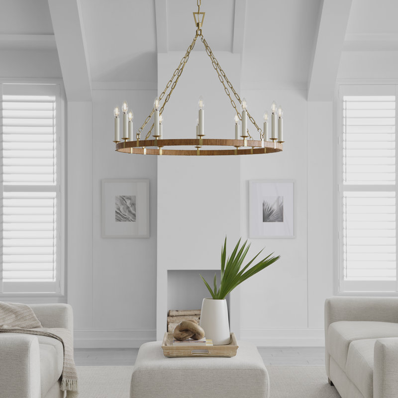 Darlana 12 - Light Wagon Wheel Chandelier, 24.5" H x 30" W x 29" D, Aged Iron/Natural Rattan