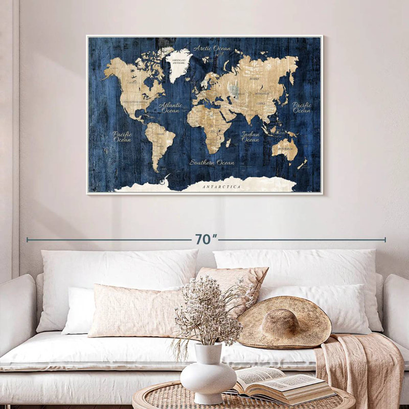 Carte du monde en bois texturé, Cadre flottant blanc, 46 po x 31 po