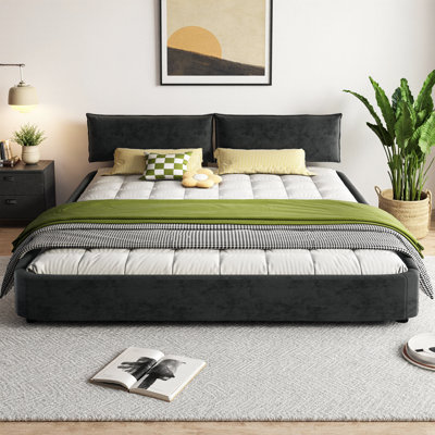 Très grande base de lit Cloud avec tête de lit surdimensionnée rembourrée, lit plateforme tapissier en chenille avec coins ronds, support double à lattes en métal et en bois, aucun sommier requis, capacité de 1000 lb