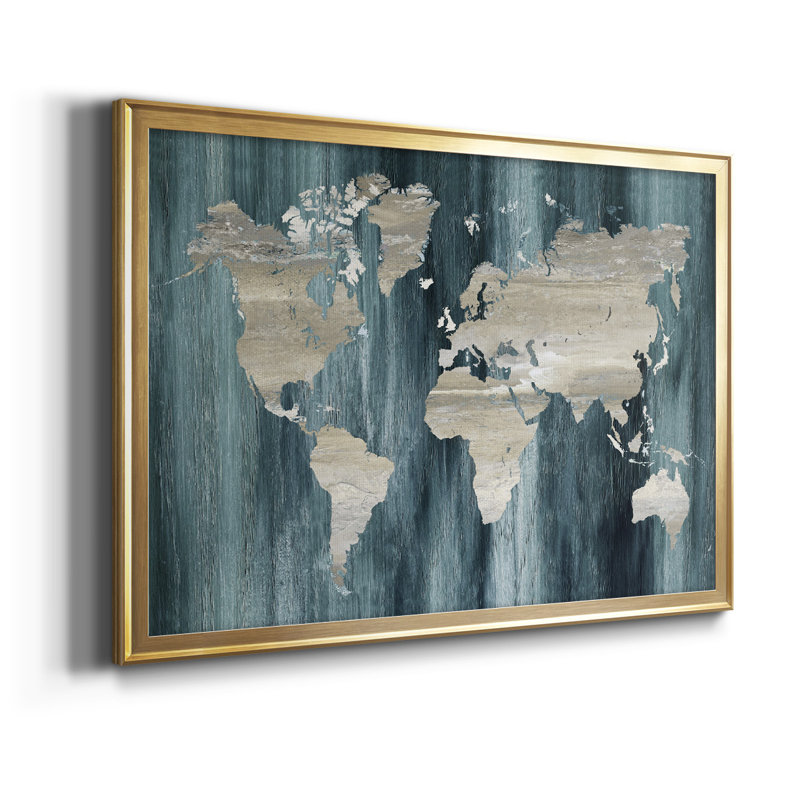 " Navy World Map ", Gold, 30.5" H x 42.5" W x 1" D