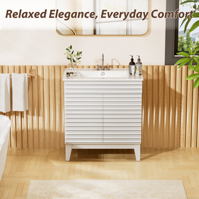 Katie With Sink, Mid-Century Freestanding Katie Sink With Storage, Undermount Ceramic Sink, Particleboard Frame With Wood Grain Laminate