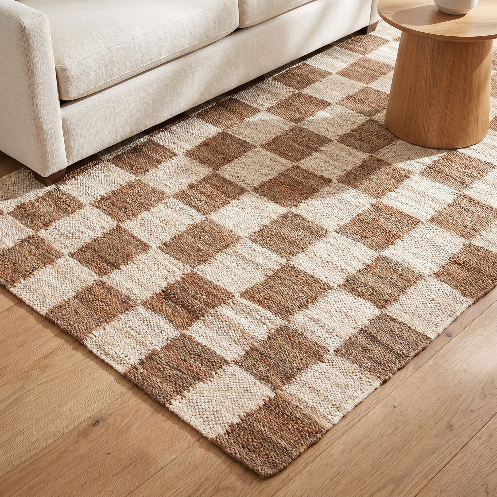 Madalene Natural Ivory Checkered Jute Rug, Rectangle 5' x 8'