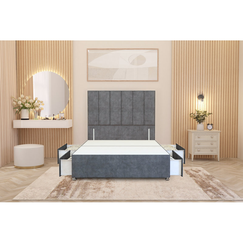 Asterin Divan Bed Base with 54" Floor Standing Headboard Plush Velvet, Double (4'6), Grey, 4 Drawers