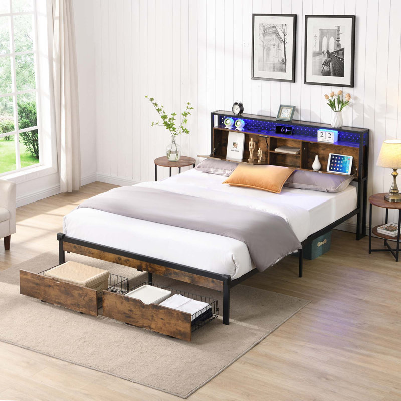 Base de lit plateforme en métal avec pied de lit USB, station de charge et lumières DEL, Grand