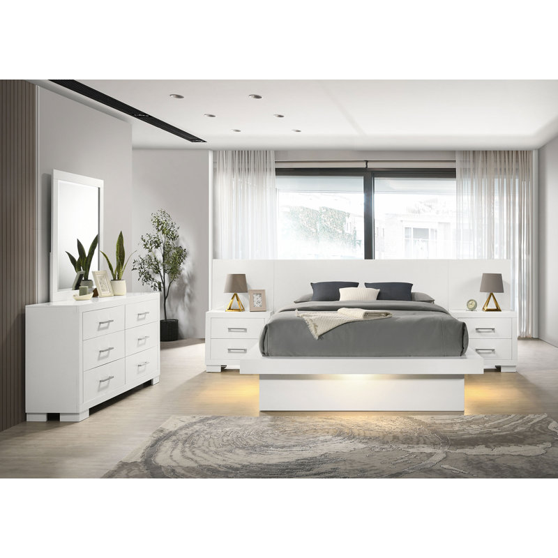 Ensemble de chambre à coucher à DEL 5 pièces Chandara, Blanc, Très grand