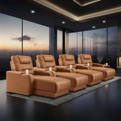 Modern Electric Power Reclining Home Theater Set: Breathable Faux Leather, Adjustable Backrests, Wireless Charging, Cup Holders (Set Of 4)