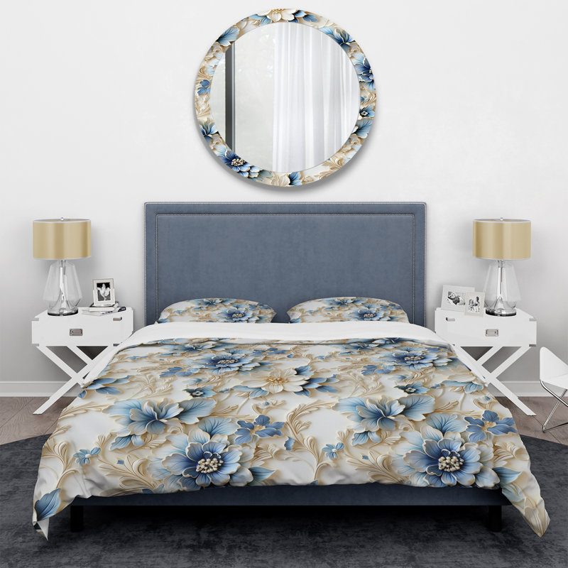 White And Blue Damask Facade Splendor - Ensemble de housse de couette à motif floral