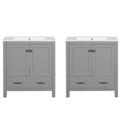 Ensemble de meuble-lavabo 60 po avec lavabos doubles en céramique (séparés), armoire avec tablette de rangement et tiroirs divisés