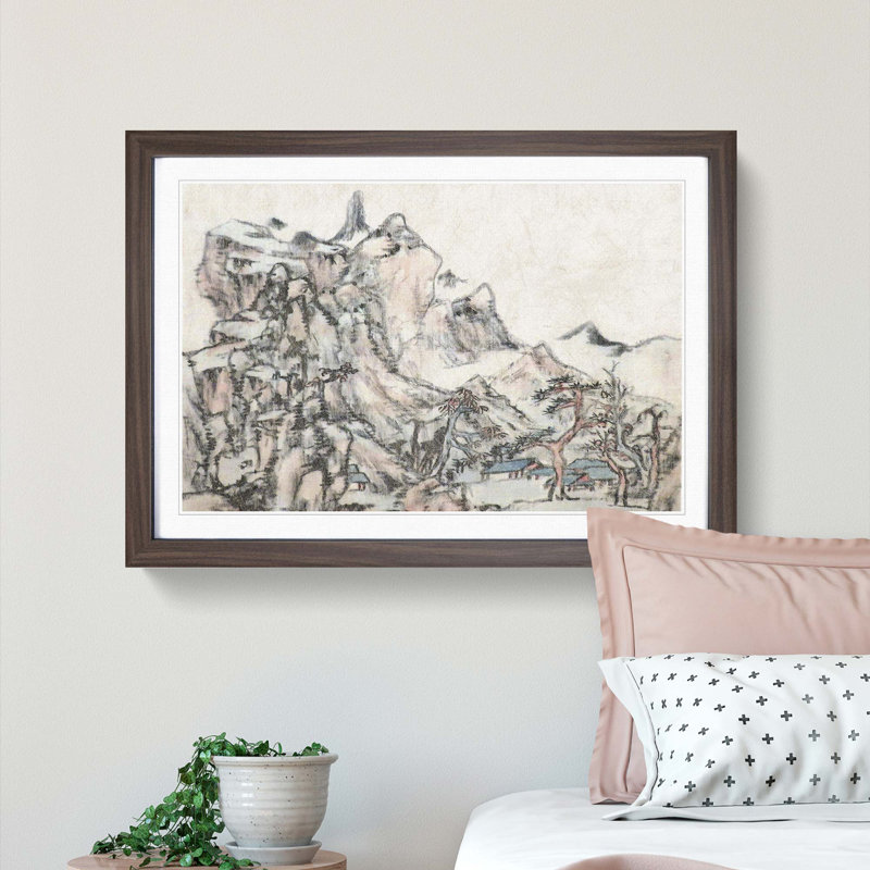 Mountain Landscape by Bada Shanren - Picture Frame Painting Print, Walnut Framed, 27cm H x 36cm W x 2cm D