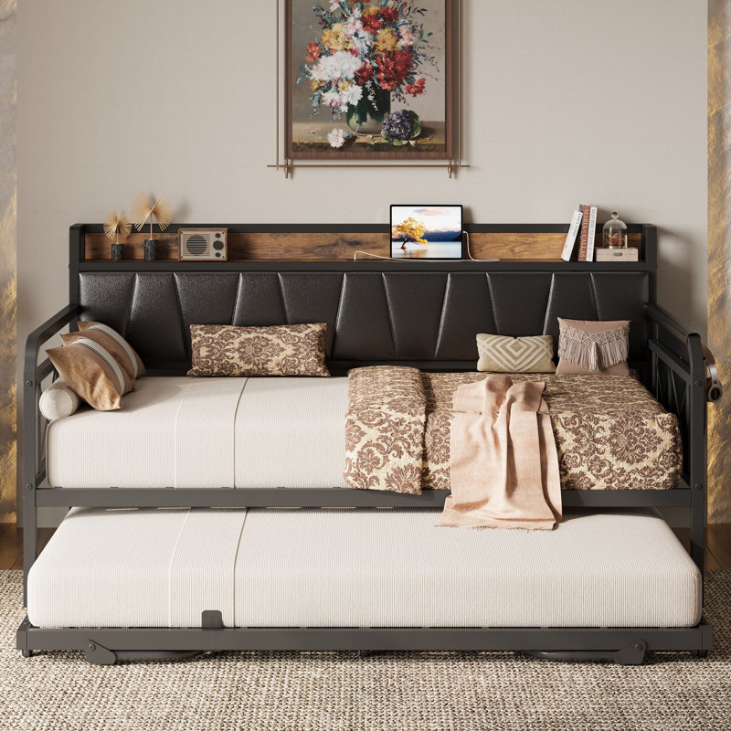 Bed Frame With Storage Headboard And Charging Station, Black, Twin