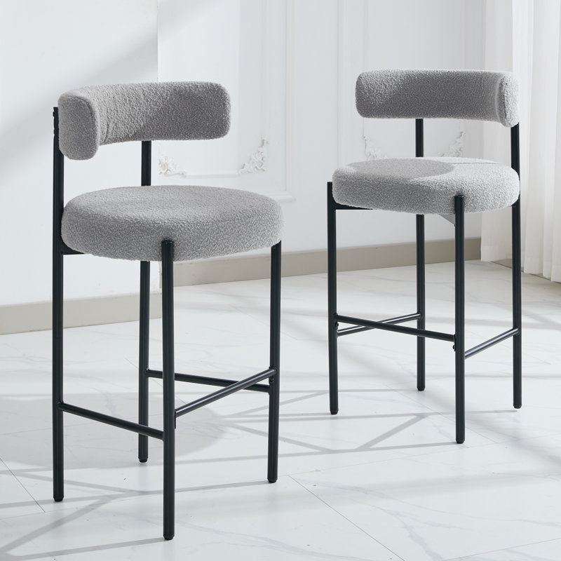 28" Boucle Upholstered Metal Counter Stool Set Of 2, 3, Gray