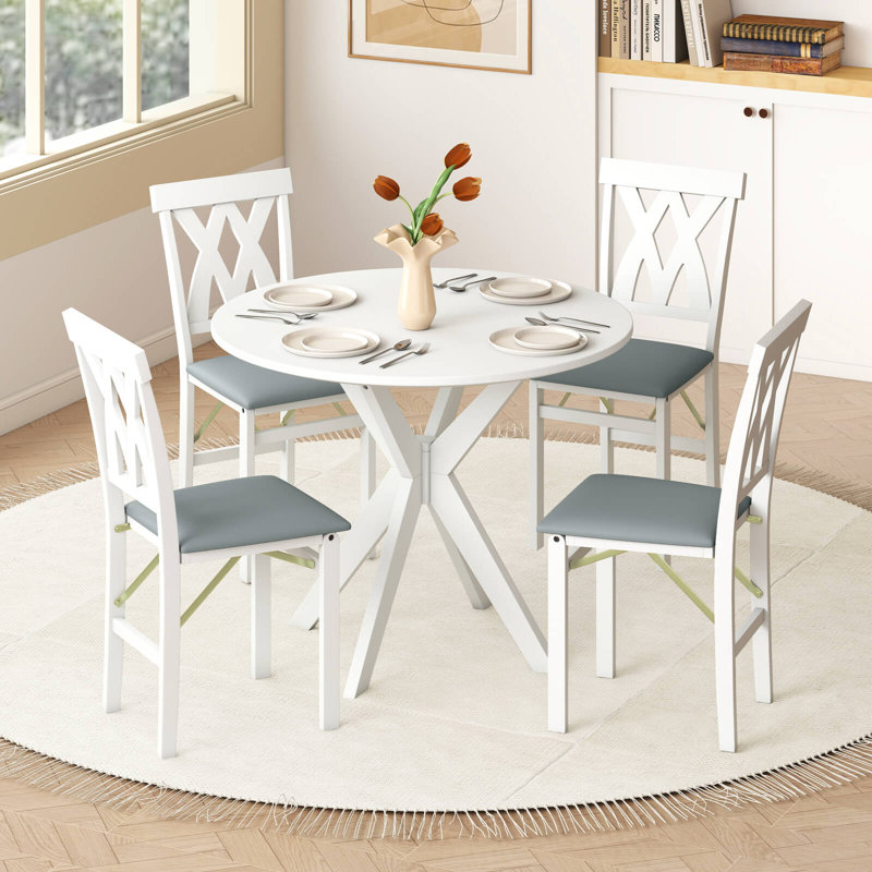 Chaises de cuisine pliantes avec structure rembourrée en bois d'hévéa et cuir PVC, Gris, 2, Blanc