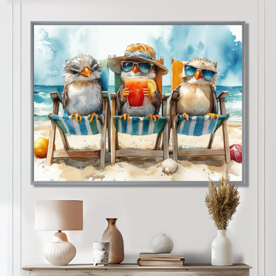 Canari sur la plage, chaise longue - Reproduction d'art mural animal côtier