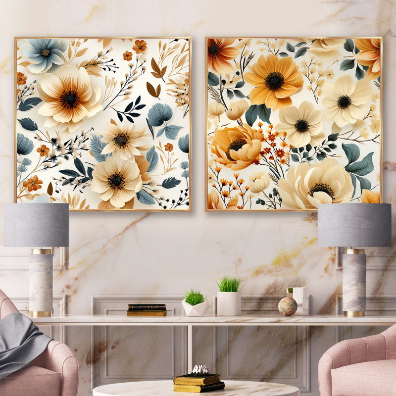 Bouquet de charme beige rustique à motif champêtre floral, H 16 po x l 33 po, Cadre flottant doré