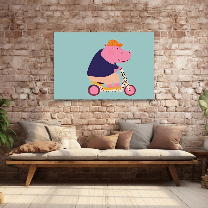 Happy Hippo Scooter Ride Playful Contemporary Animal Wall Art Print by Mathieu - Wrapped Canvas Print, 101.6cm H x 152.4cm W