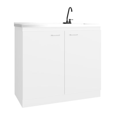 Évier utilitaire blanc avec robinet intégré et comptoir en acier inoxydable pour la cuisine, meuble sur pied avec poignées métalliques, grand espace de rangement pour les ustensiles de cuisine, comptoir moderne, grande capacité pour la maison