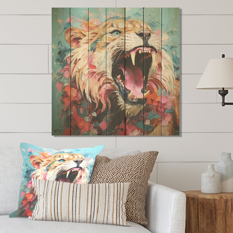 Brown And Pink Lion Roar - Lion Animal On Wood Print, 25" H x 25" W