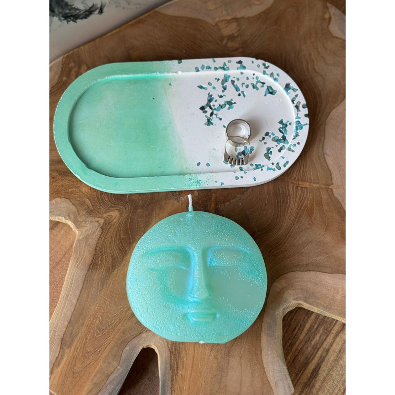 Elegant Candle Set (2 Pieces), Blue & White, 3.9 x 3.9 x 1.2 inches Candles & 7.1 x 3.5 x 0.8 inches Plates | 100% Concrete Base & Soya Wax | Perfect for Home Décor & Relaxation, Stylish and Modern Design